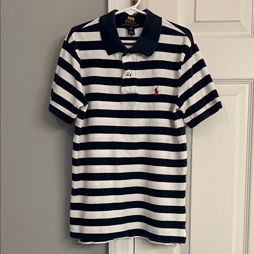 Polo by Ralph Lauren Navy and White Striped Polo with Red Logo